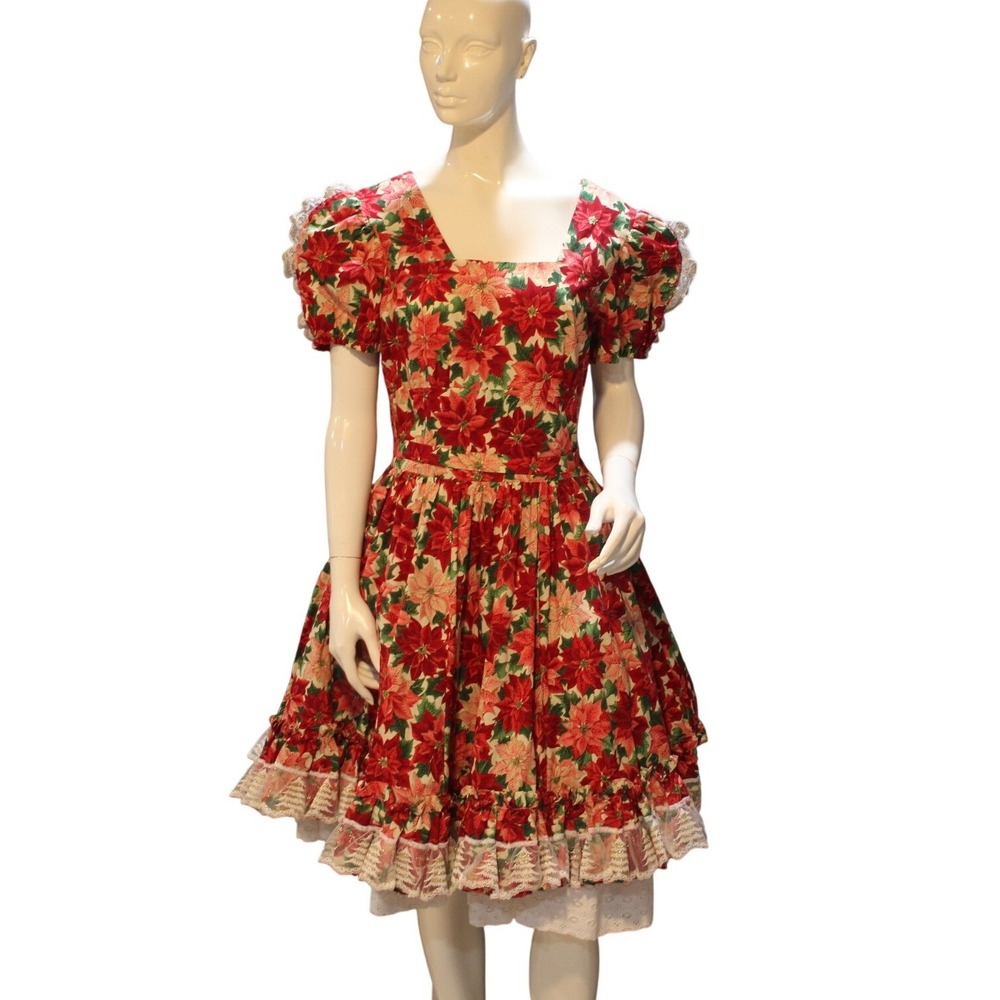Handmade Vintage Poinsettia Square Dance Dress Belt Underskirt 3pc Set